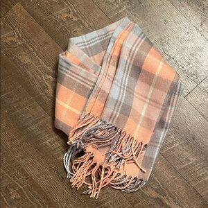 Plaid Fringe Scarf in Orange and Gray